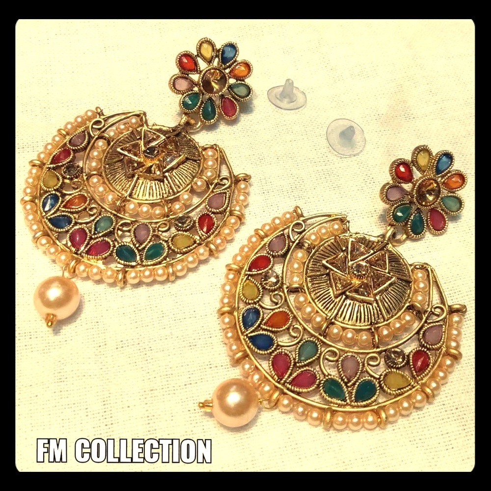 Party style big earrings with stones n pearl work
